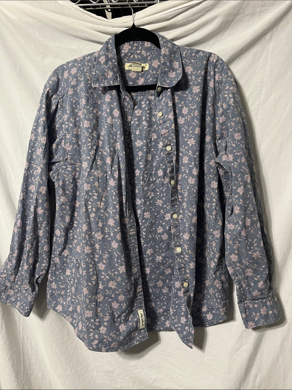 Eddie Bauer Blue Button-Down Shirt with Pink Floral Print